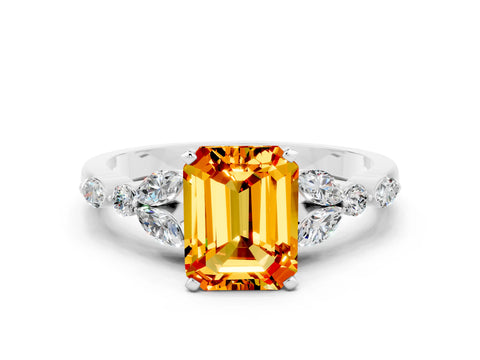 White gold Emerald Cut Citrine Solitaire Ring with Side Stones and Four-Prong Setting_12