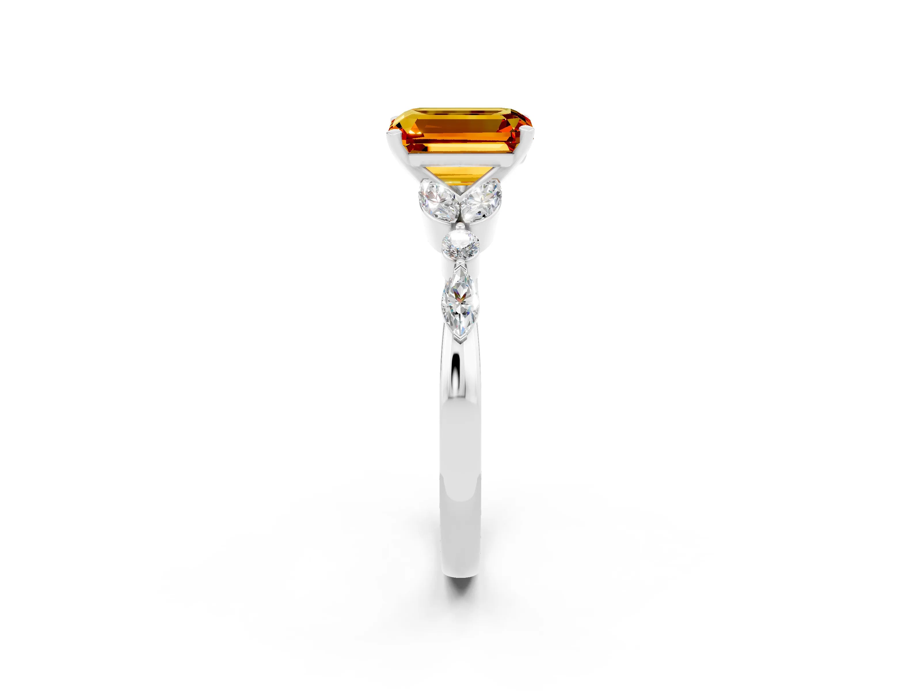 White gold Emerald Cut Citrine Solitaire Ring with Side Stones and Four-Prong Setting_14