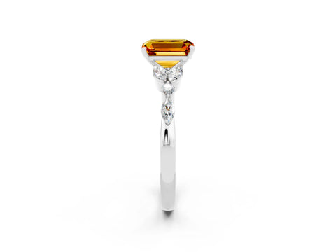 White gold Emerald Cut Citrine Solitaire Ring with Side Stones and Four-Prong Setting_14