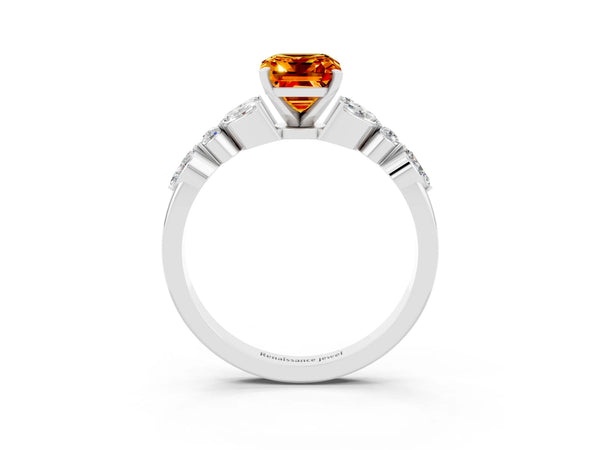 Platinum Emerald Cut Citrine Solitaire Ring with Side Stones and Four-Prong Setting