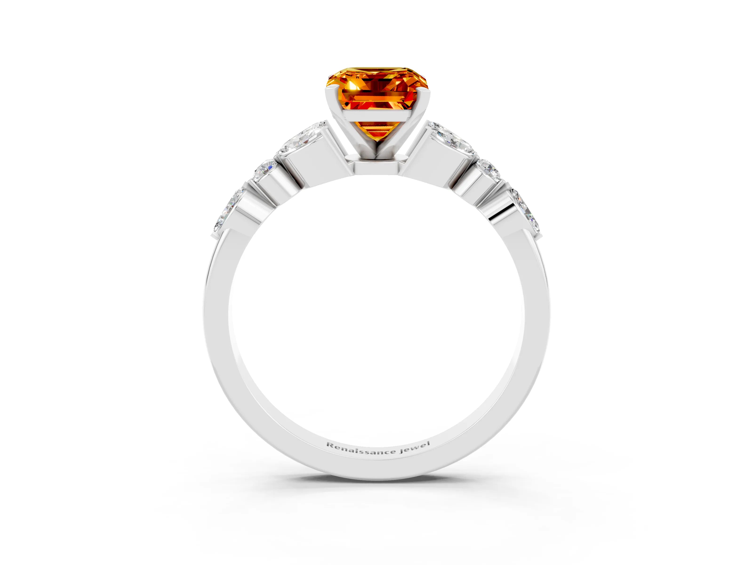 White gold Emerald Cut Citrine Solitaire Ring with Side Stones and Four-Prong Setting_15