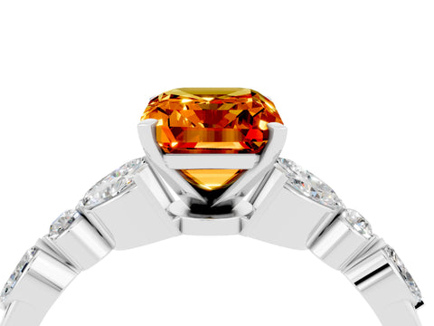 White gold Emerald Cut Citrine Solitaire Ring with Side Stones and Four-Prong Setting_16