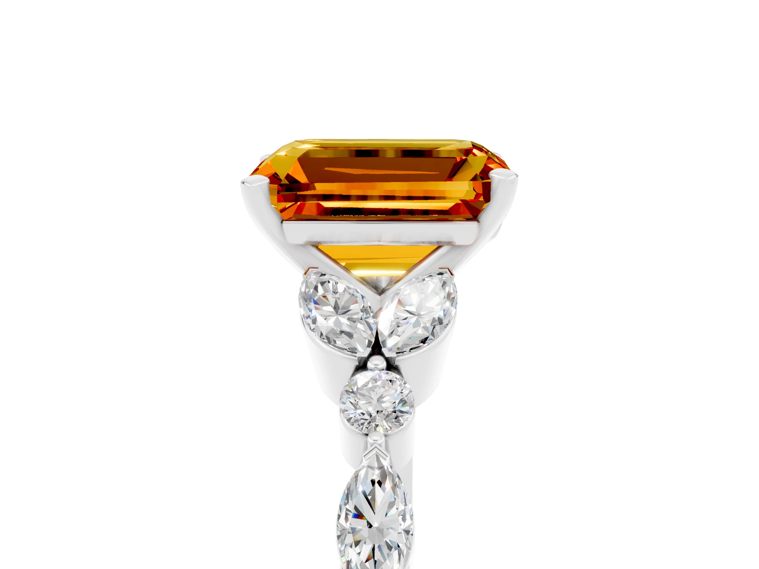 White gold Emerald Cut Citrine Solitaire Ring with Side Stones and Four-Prong Setting_17