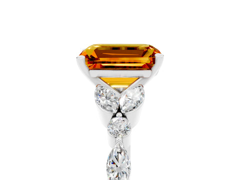 White gold Emerald Cut Citrine Solitaire Ring with Side Stones and Four-Prong Setting_17