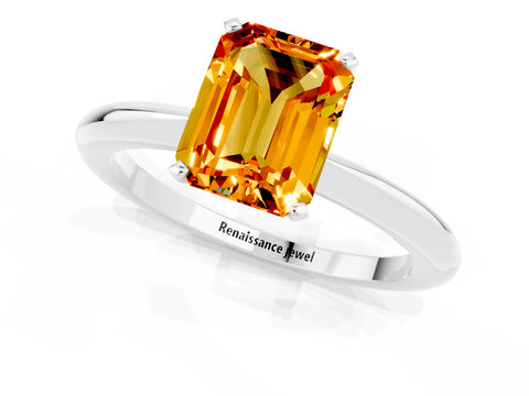 White gold Emerald Cut Citrine Solitaire Ring with Six-Prong Setting and Classic Band_1