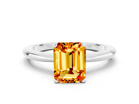 White gold Emerald Cut Citrine Solitaire Ring with Six-Prong Setting and Classic Band