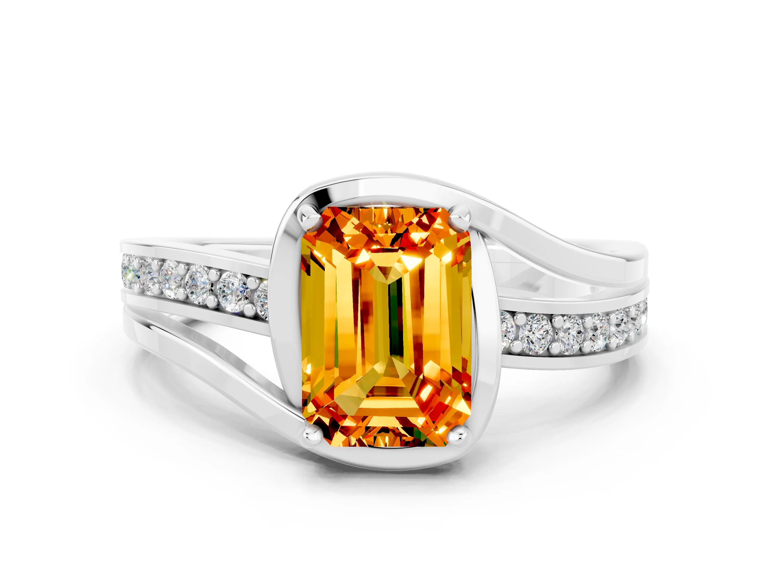 White gold Emerald Cut Citrine Solitaire Ring with Split Shank and Prong Setting