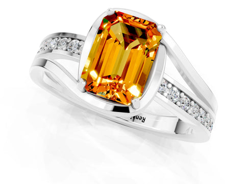 White gold Emerald Cut Citrine Solitaire Ring with Split Shank and Prong Setting_1