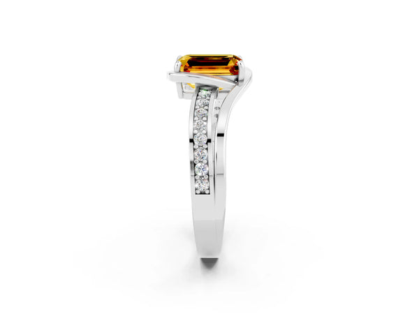 Platinum Emerald Cut Citrine Solitaire Ring with Split Shank and Prong Setting