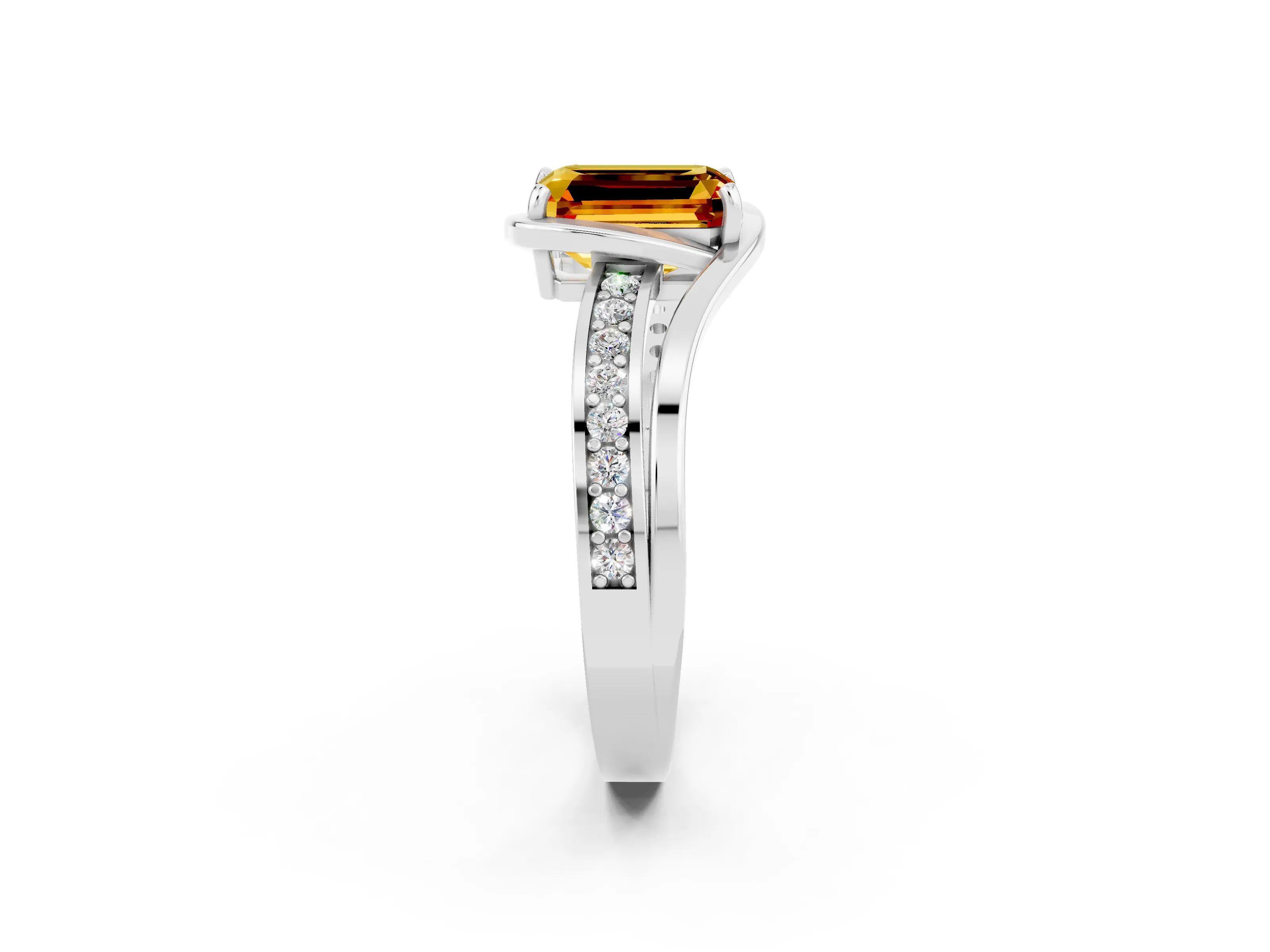 White gold Emerald Cut Citrine Solitaire Ring with Split Shank and Prong Setting_2