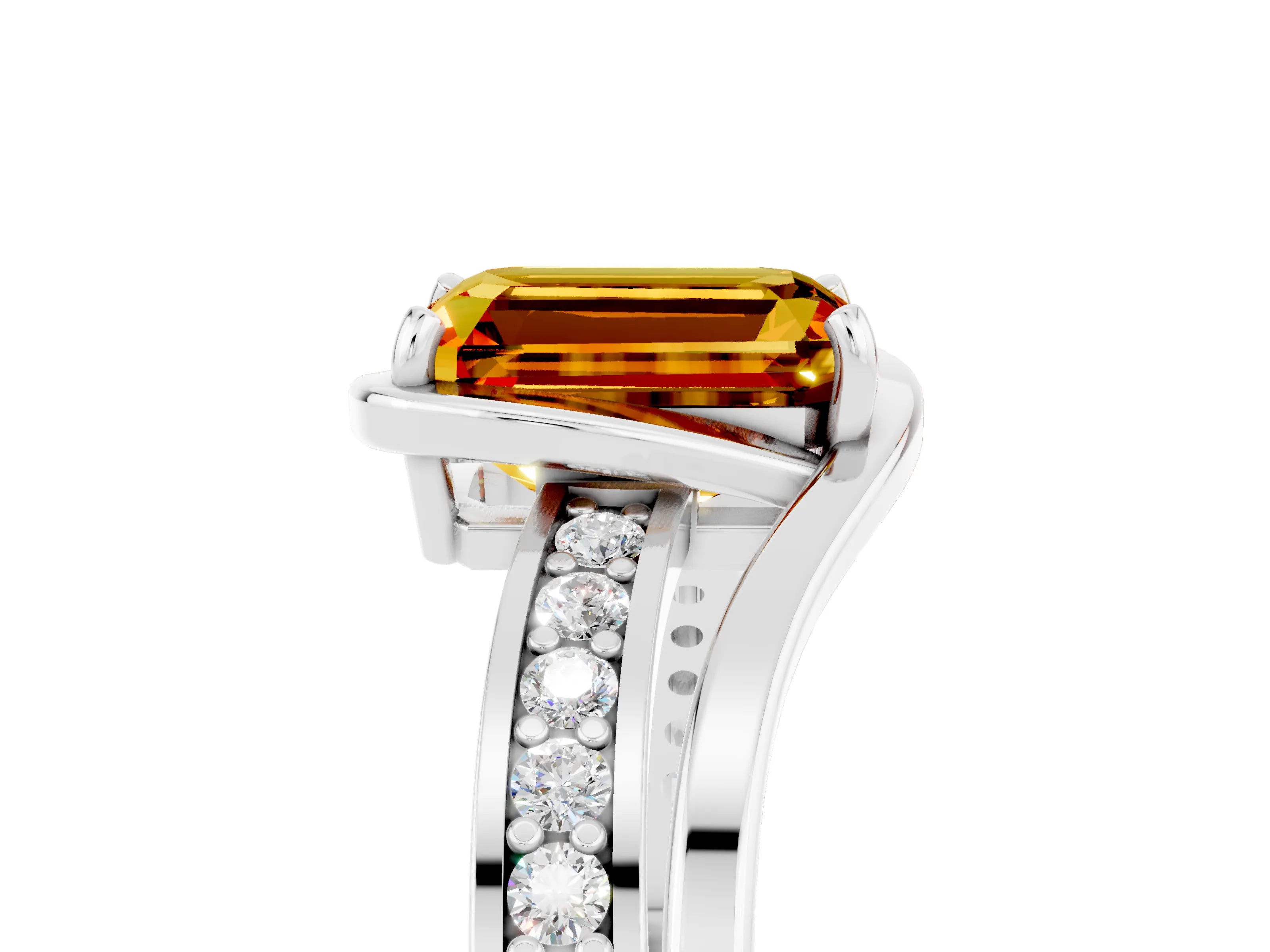 White gold Emerald Cut Citrine Solitaire Ring with Split Shank and Prong Setting_5