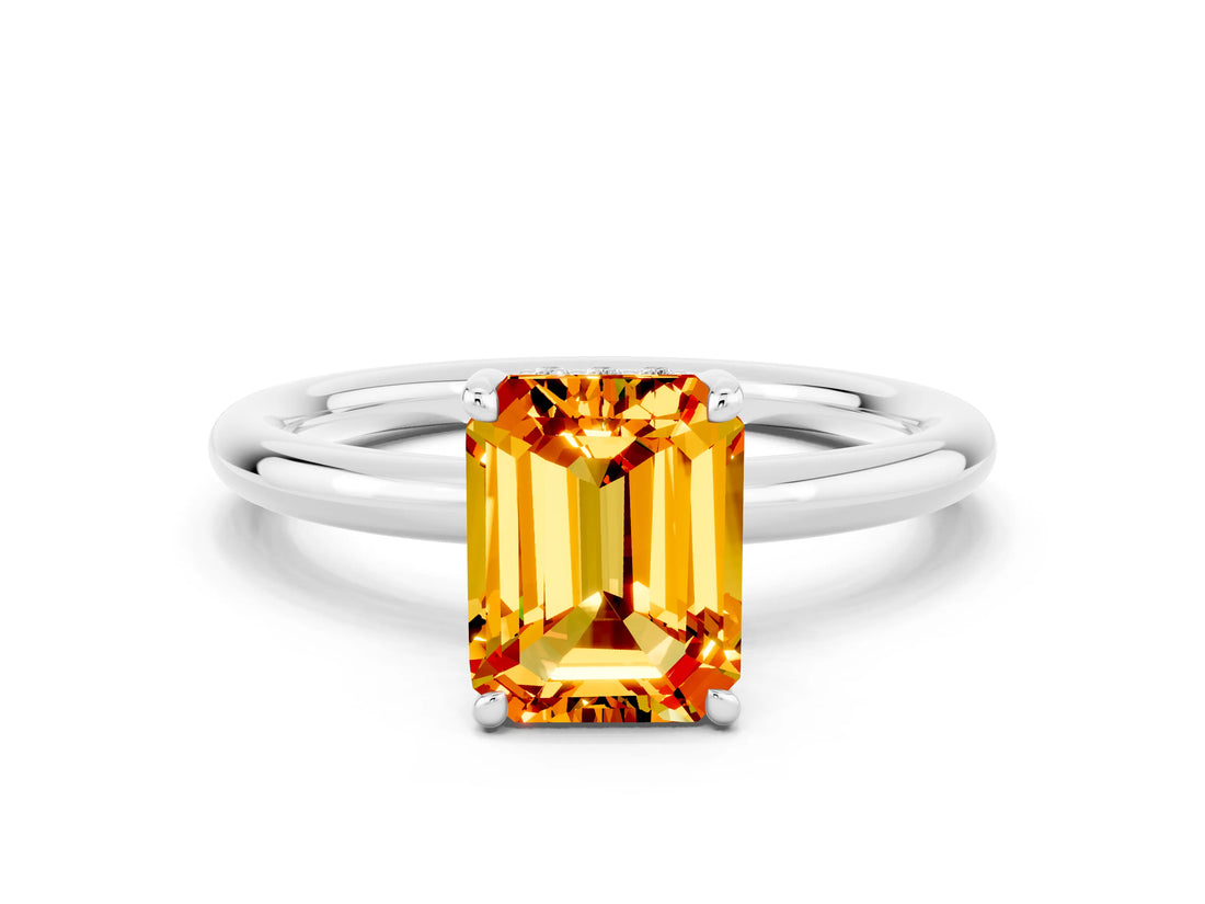 White gold Emerald Cut Citrine Solitaire Ring with Thin Band and Four-Prong Setting_12