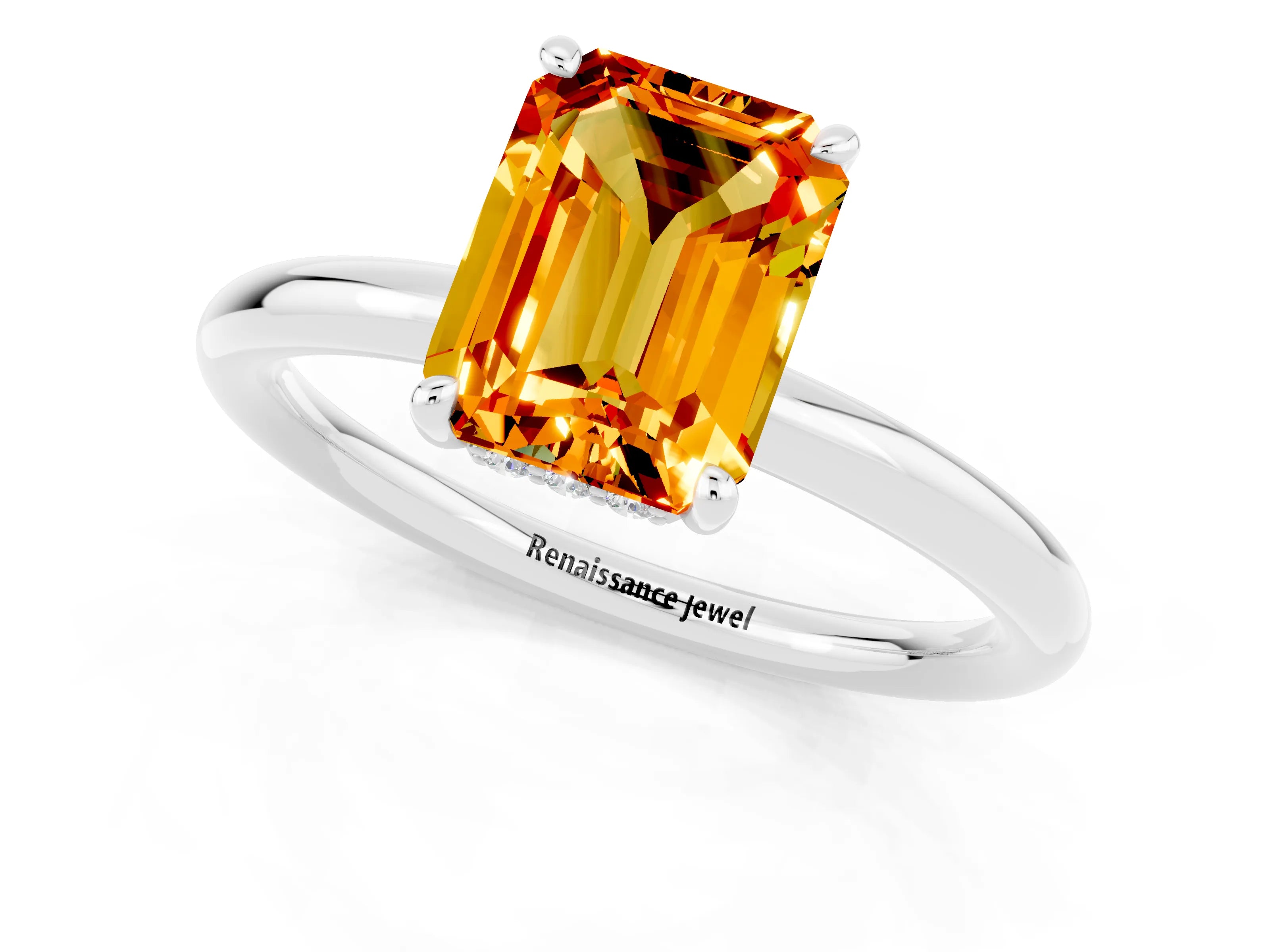 White gold Emerald Cut Citrine Solitaire Ring with Thin Band and Four-Prong Setting_13