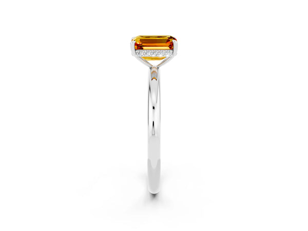 Platinum Emerald Cut Citrine Solitaire Ring with Thin Band and Four-Prong Setting