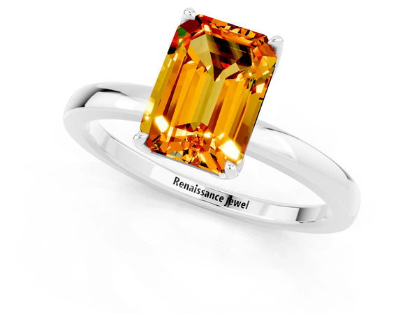 Platinum Emerald Cut Citrine Solitaire Ring with Thin Band and Prong Setting
