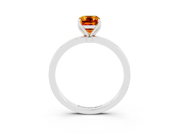 White gold Emerald Cut Citrine Solitaire Ring with Thin Band and Prong Setting