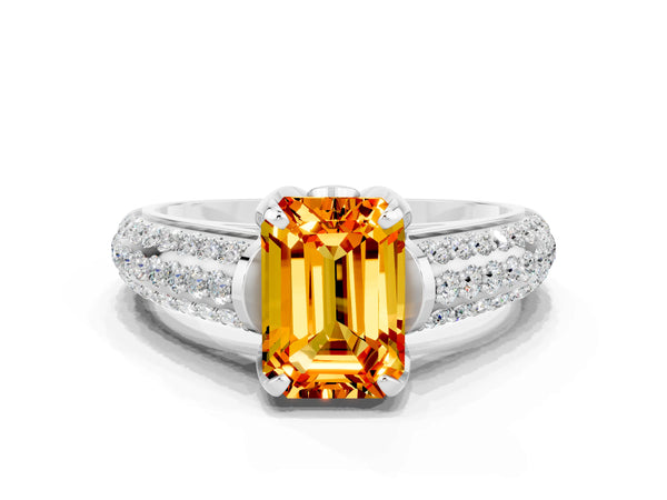 Platinum Emerald Cut Citrine Solitaire Ring with Three-Row Pavé Band and Four-Prong Setting