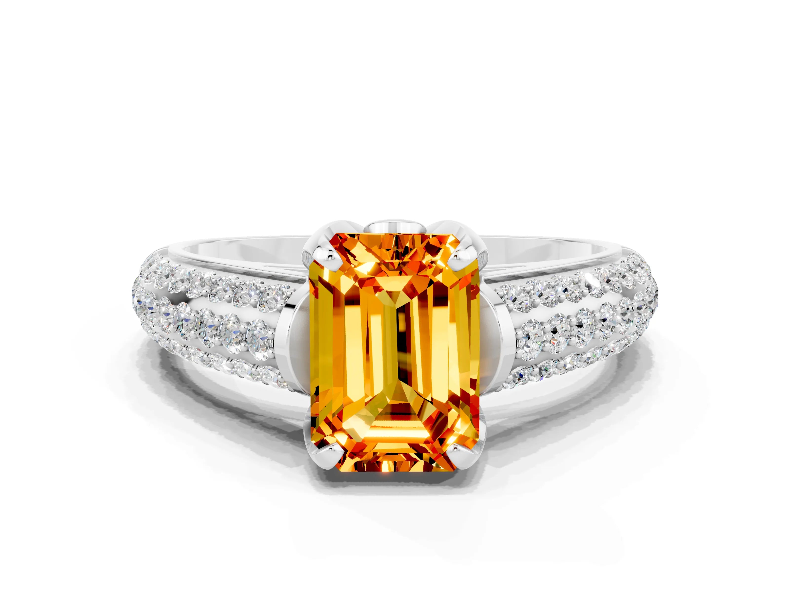 White gold Emerald Cut Citrine Solitaire Ring with Three-Row Pavé Band and Four-Prong Setting_12