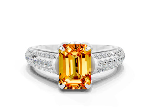 White gold Emerald Cut Citrine Solitaire Ring with Three-Row Pavé Band and Four-Prong Setting_12
