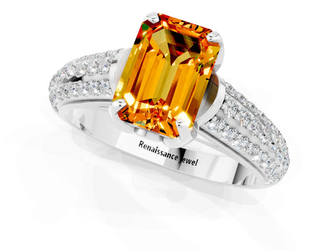 White gold Emerald Cut Citrine Solitaire Ring with Three-Row Pavé Band and Four-Prong Setting_13