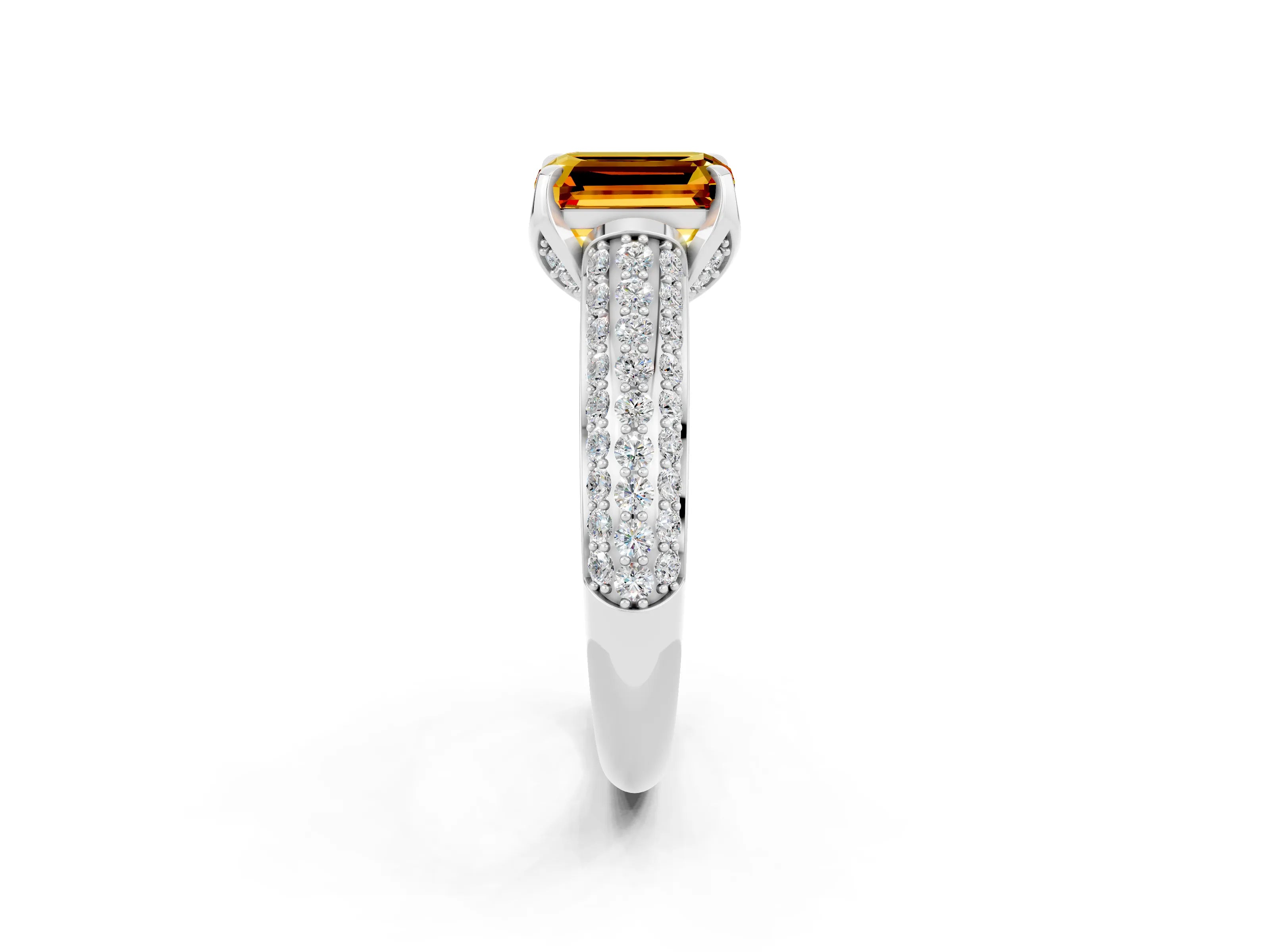 White gold Emerald Cut Citrine Solitaire Ring with Three-Row Pavé Band and Four-Prong Setting_14