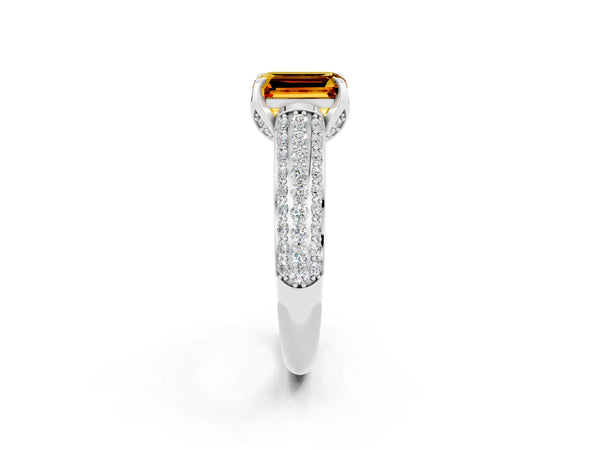 White gold Emerald Cut Citrine Solitaire Ring with Three-Row Pavé Band and Four-Prong Setting
