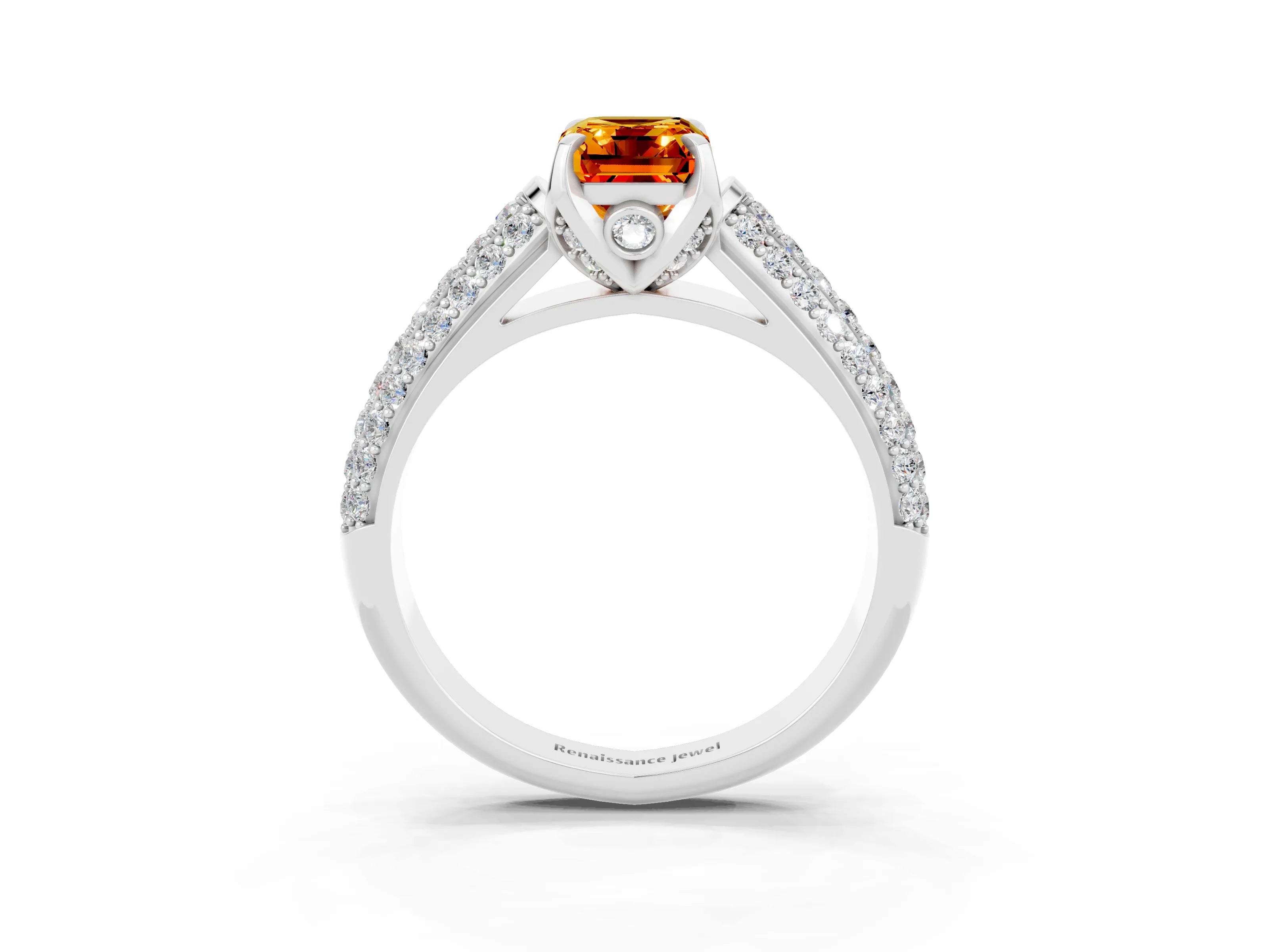 White gold Emerald Cut Citrine Solitaire Ring with Three-Row Pavé Band and Four-Prong Setting_15