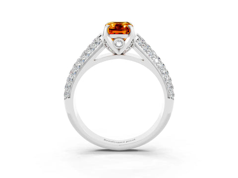 White gold Emerald Cut Citrine Solitaire Ring with Three-Row Pavé Band and Four-Prong Setting_15