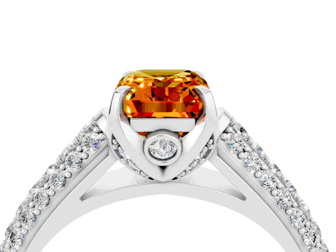 White gold Emerald Cut Citrine Solitaire Ring with Three-Row Pavé Band and Four-Prong Setting_16