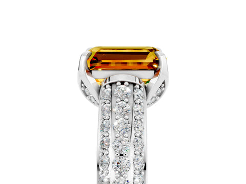 White gold Emerald Cut Citrine Solitaire Ring with Three-Row Pavé Band and Four-Prong Setting_17