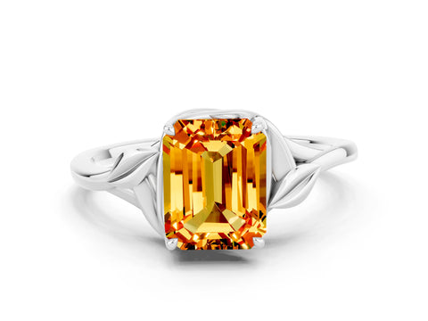 White gold Emerald Cut Citrine Solitaire Ring with Twist Band and Four-Prong Setting_12