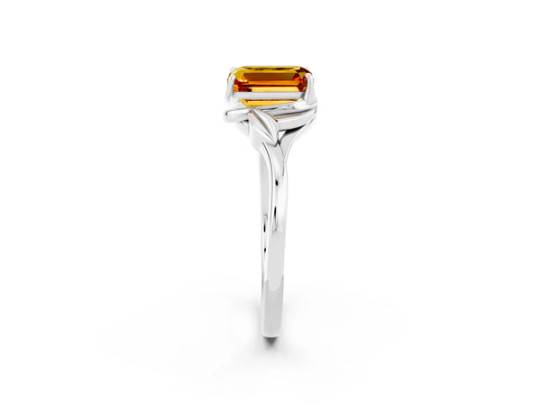 Platinum Emerald Cut Citrine Solitaire Ring with Twist Band and Four-Prong Setting