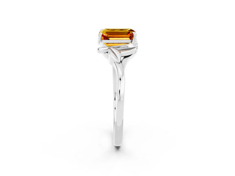 White gold Emerald Cut Citrine Solitaire Ring with Twist Band and Four-Prong Setting_14
