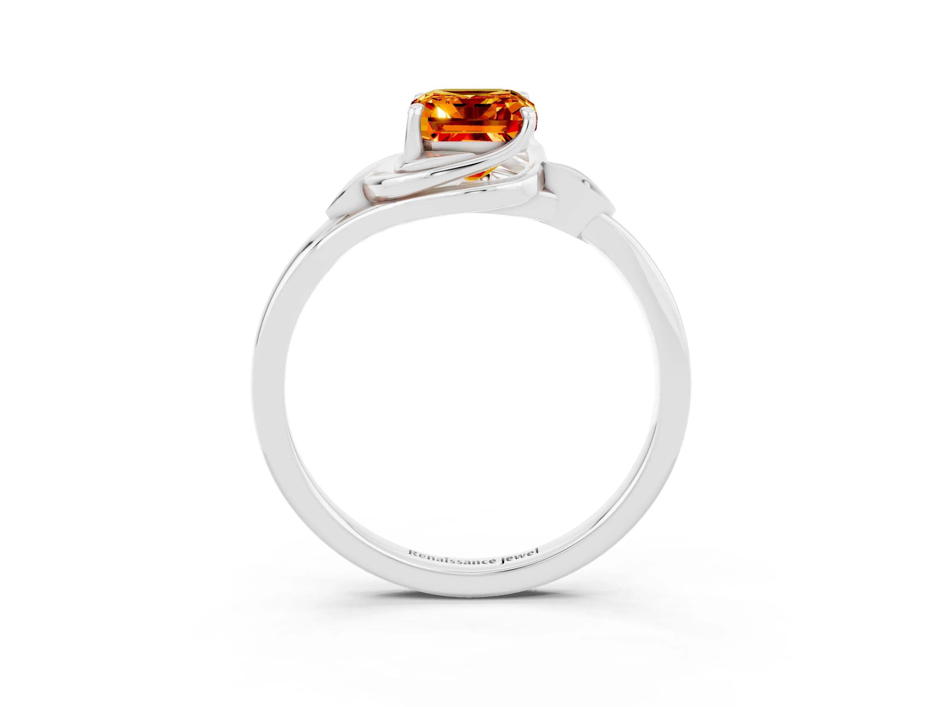 White gold Emerald Cut Citrine Solitaire Ring with Twist Band and Four-Prong Setting_15