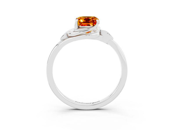 Silver Emerald Cut Citrine Solitaire Ring with Twist Band and Four-Prong Setting