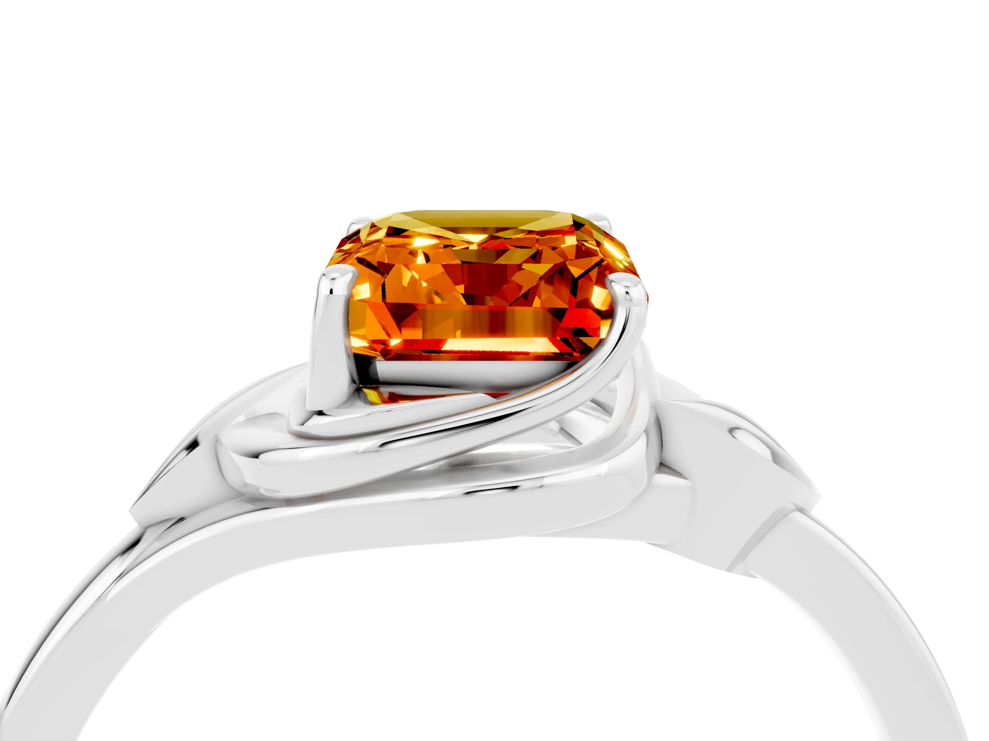 White gold Emerald Cut Citrine Solitaire Ring with Twist Band and Four-Prong Setting_16