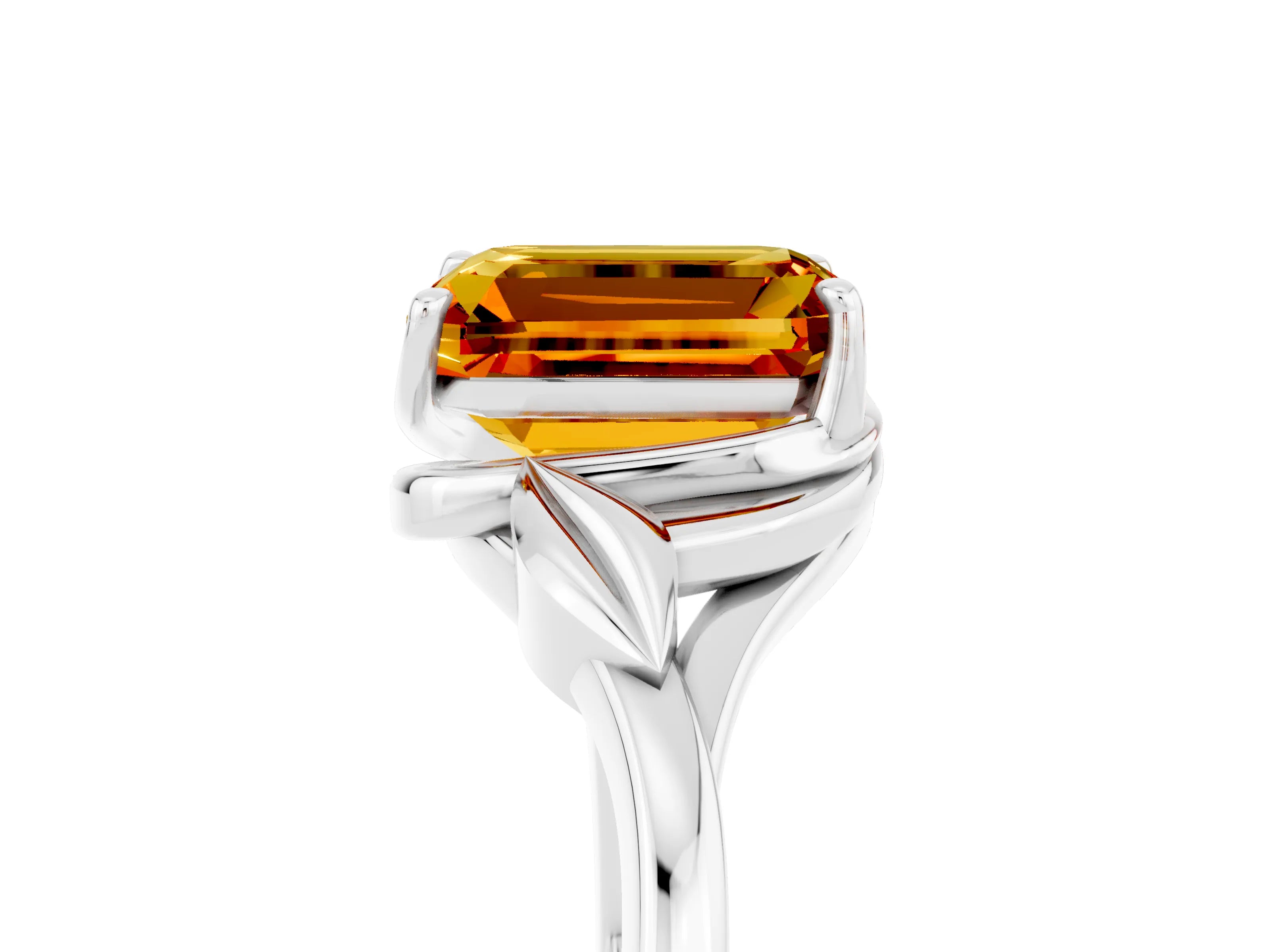 White gold Emerald Cut Citrine Solitaire Ring with Twist Band and Four-Prong Setting_17