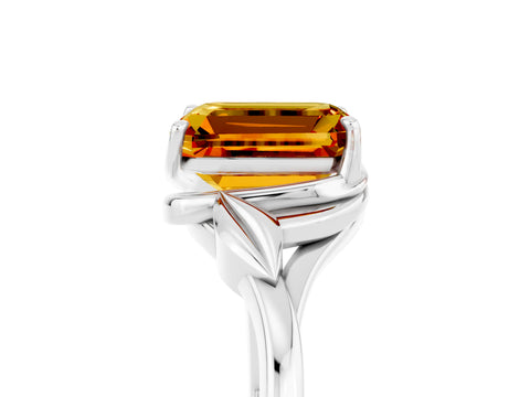 White gold Emerald Cut Citrine Solitaire Ring with Twist Band and Four-Prong Setting_17