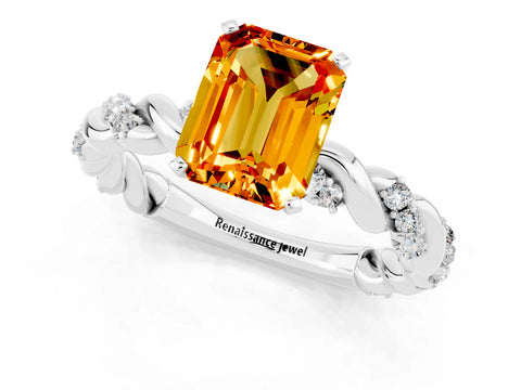 White gold Emerald Cut Citrine Solitaire Ring with Twisted Band and Pavé Accents_1