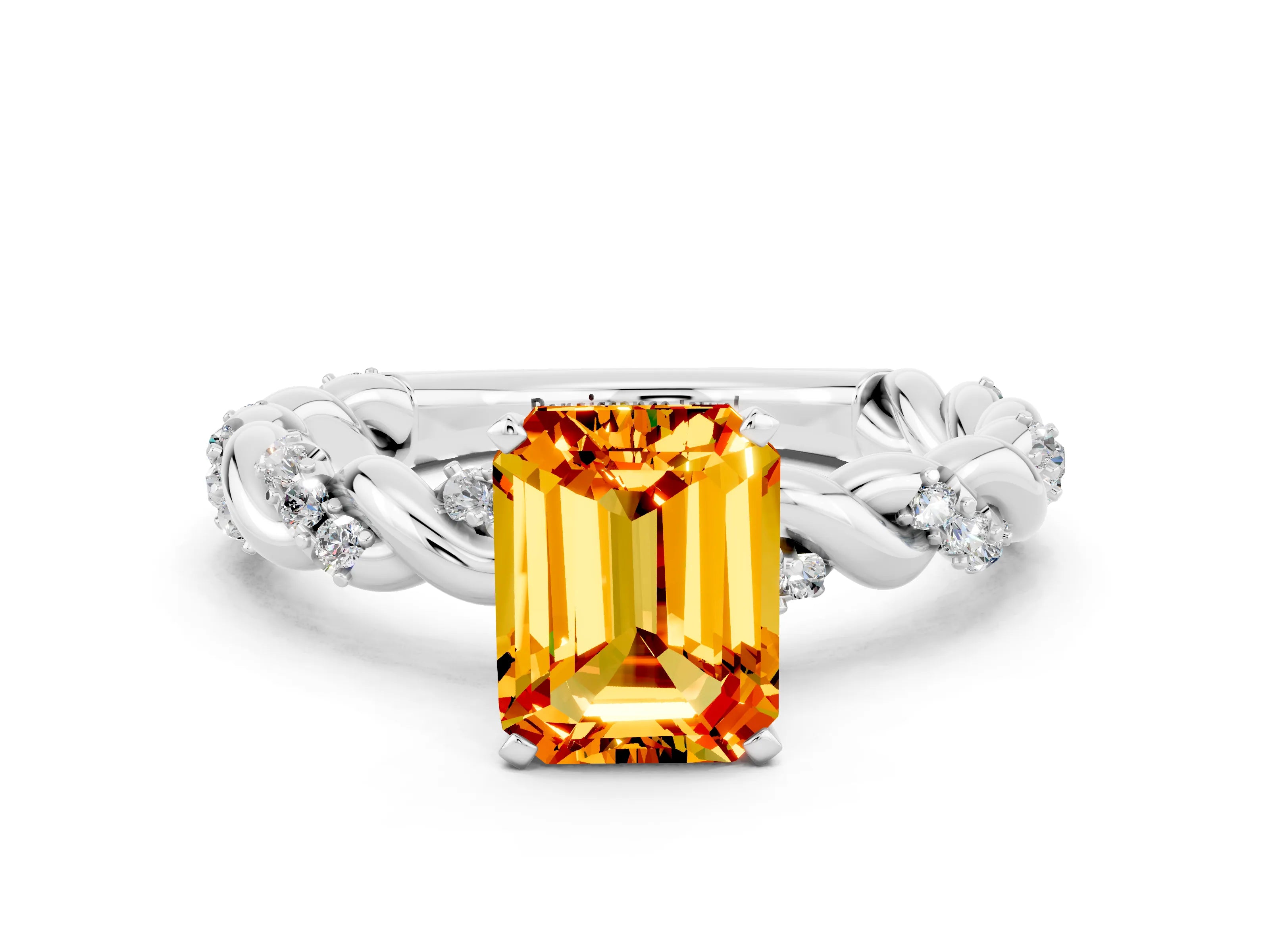 White gold Emerald Cut Citrine Solitaire Ring with Twisted Band and Pavé Accents