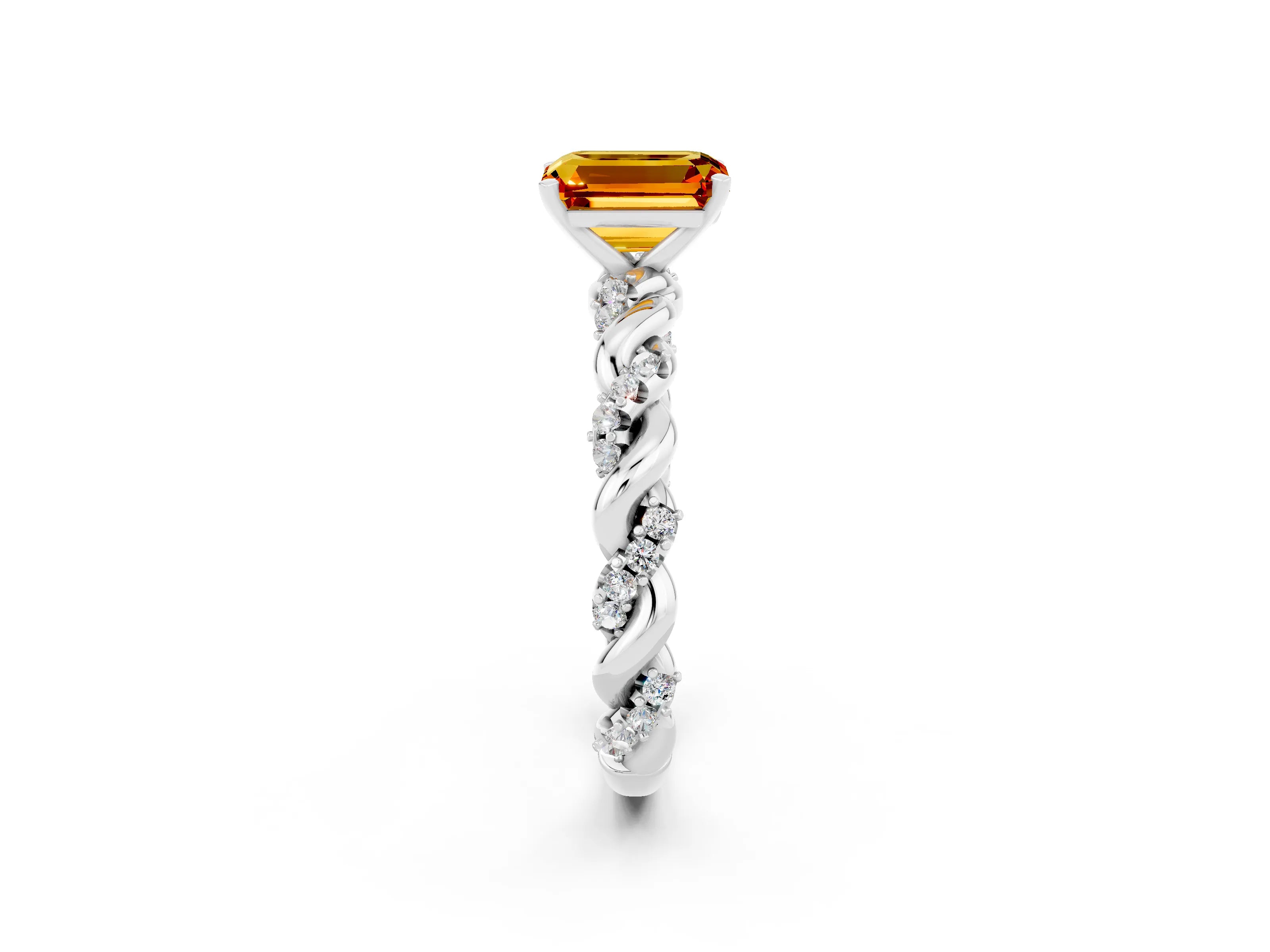 White gold Emerald Cut Citrine Solitaire Ring with Twisted Band and Pavé Accents_2