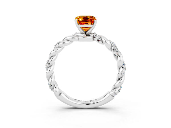 Platinum Emerald Cut Citrine Solitaire Ring with Twisted Band and Pavé Accents