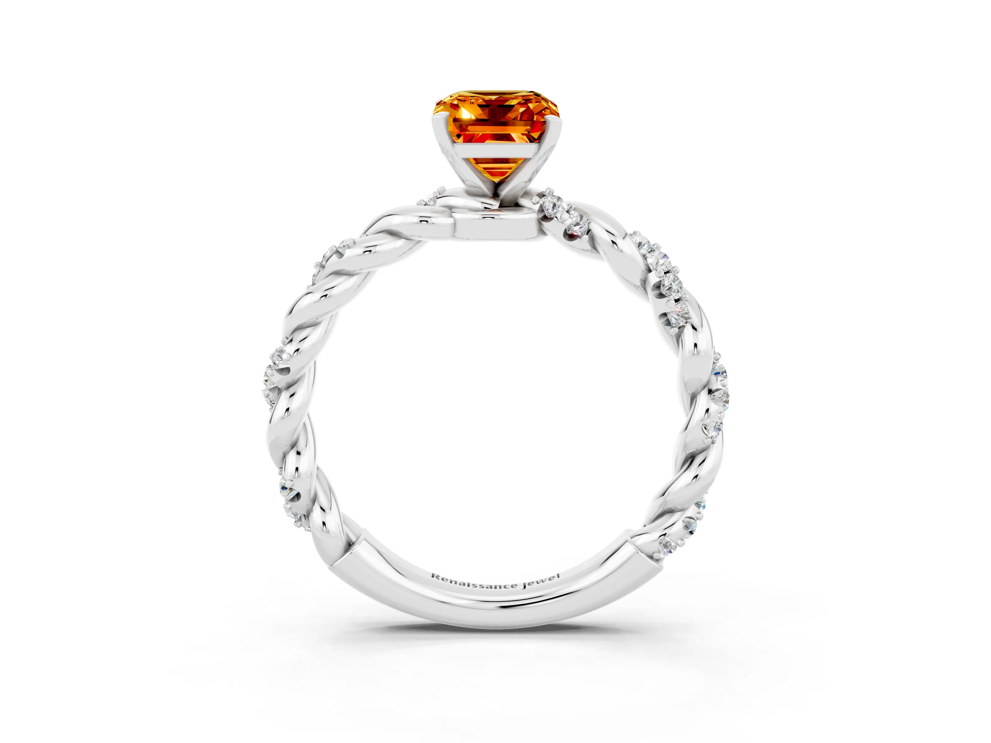 White gold Emerald Cut Citrine Solitaire Ring with Twisted Band and Pavé Accents_3