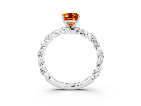 White gold Emerald Cut Citrine Solitaire Ring with Twisted Band and Pavé Accents_3