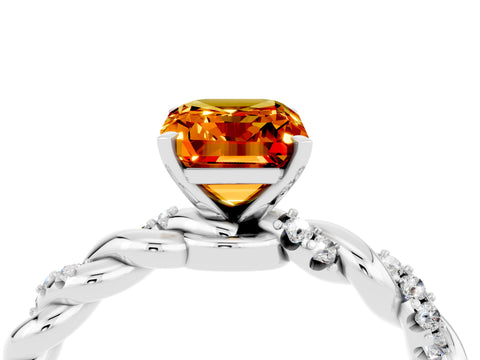 White gold Emerald Cut Citrine Solitaire Ring with Twisted Band and Pavé Accents_4