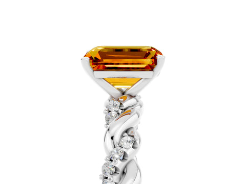 White gold Emerald Cut Citrine Solitaire Ring with Twisted Band and Pavé Accents_5