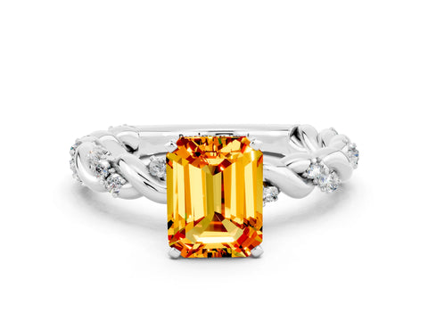 White gold Emerald Cut Citrine Solitaire Ring with Twisted Band and Pavé Accents