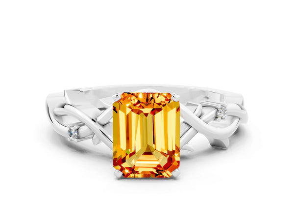 Silver Emerald Cut Citrine Solitaire Ring with Twisted Band and Prong Setting