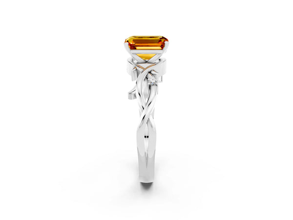 White gold Emerald Cut Citrine Solitaire Ring with Twisted Band and Prong Setting