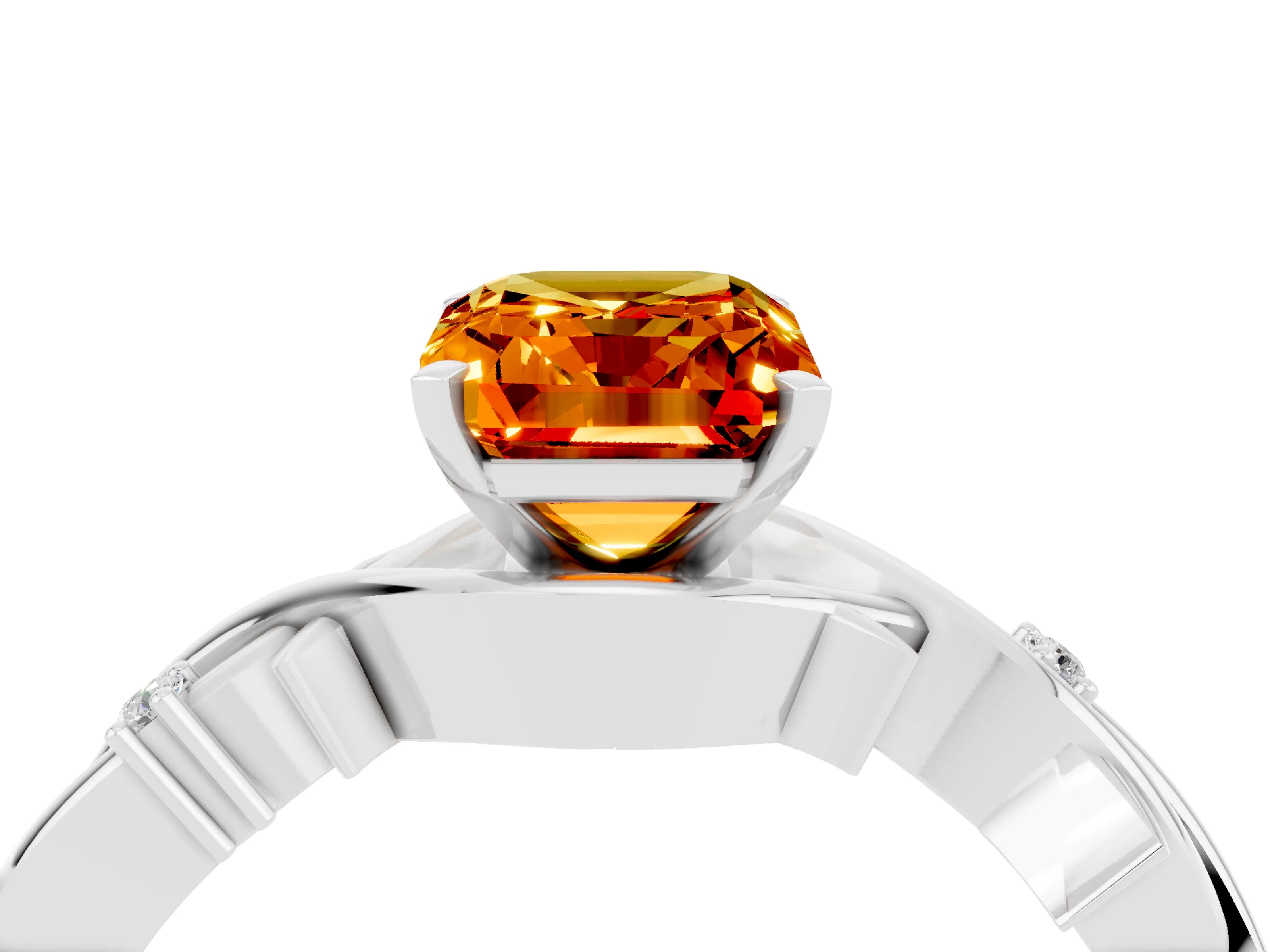 White gold Emerald Cut Citrine Solitaire Ring with Twisted Band and Prong Setting_16